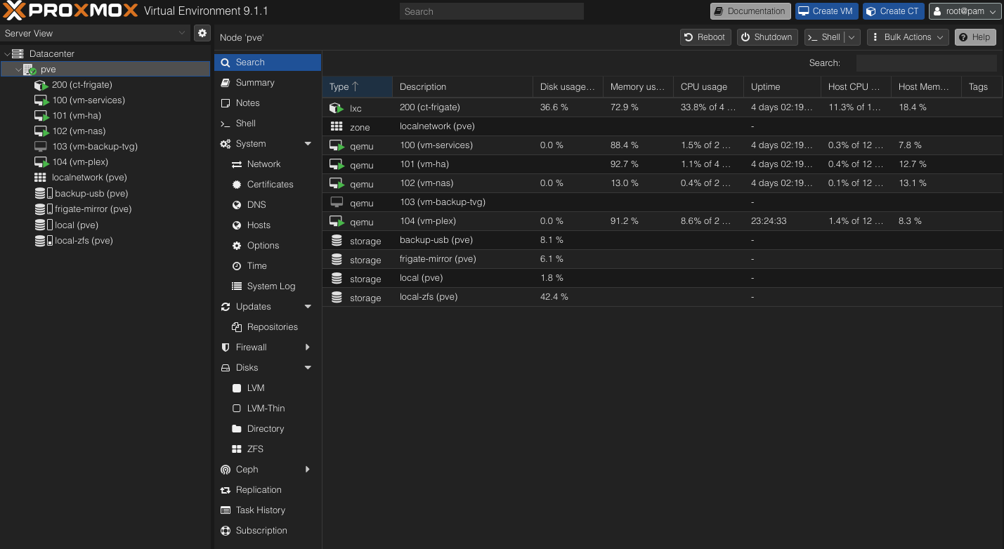 Home Proxmox environment with services, Home Assistant, NAS and Plex virtual machines, plus a Frigate LXC container.