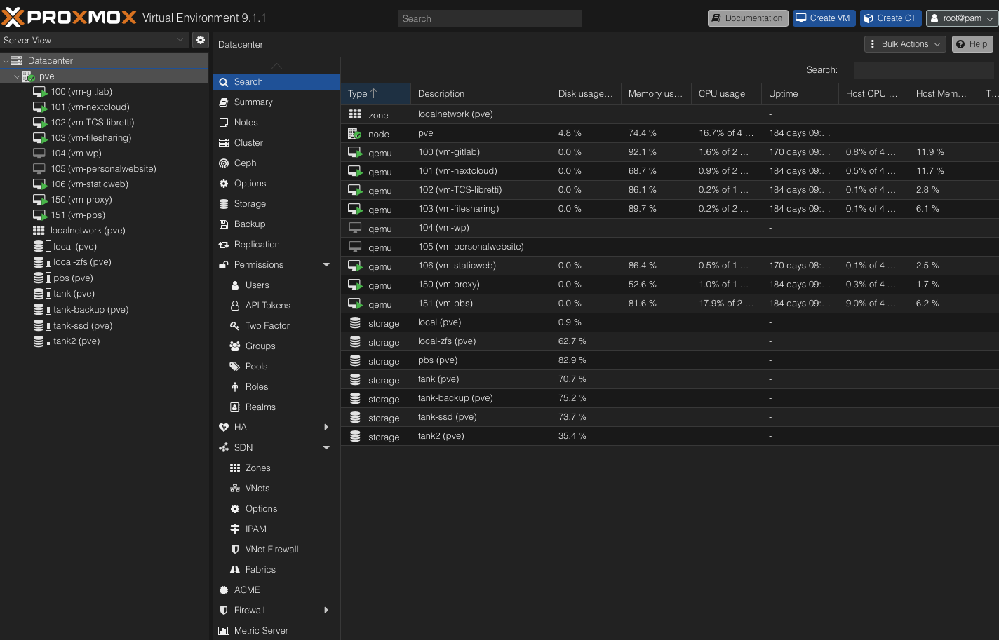 Professional Proxmox environment listing GitLab, Nextcloud, logbook generation, file sharing, static web hosting, proxy and backup virtual machines.