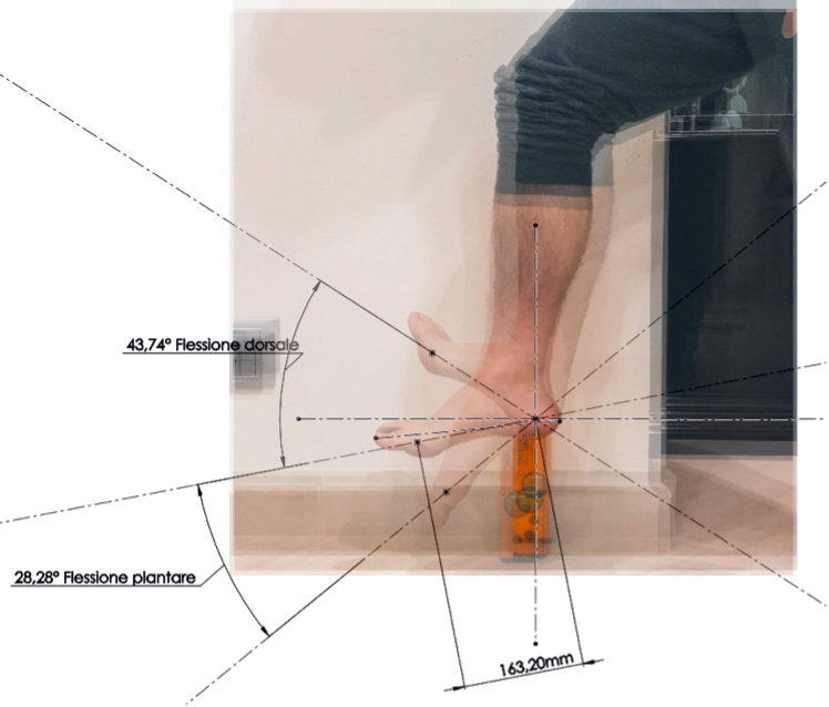 Fig. 6 - Misurazione in SOLIDWORKS © delle rotazioni nel caso di flessione plantare e dorsale mediante le rette passanti per i marker.