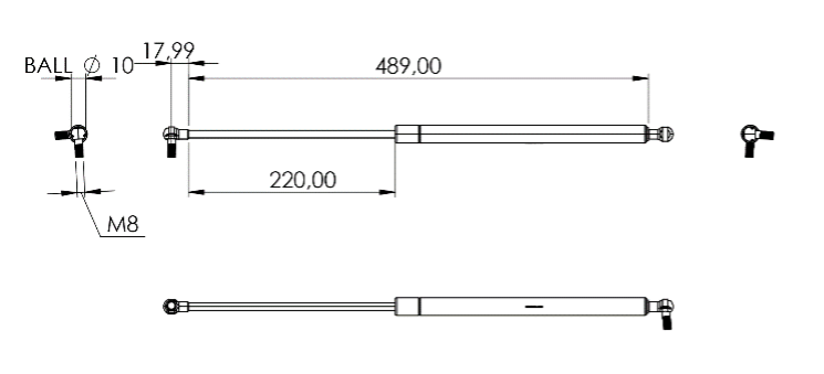 Fig. 24 – Pistone laterale modificato con le misure offerte dal catalogo Stabilus ©.