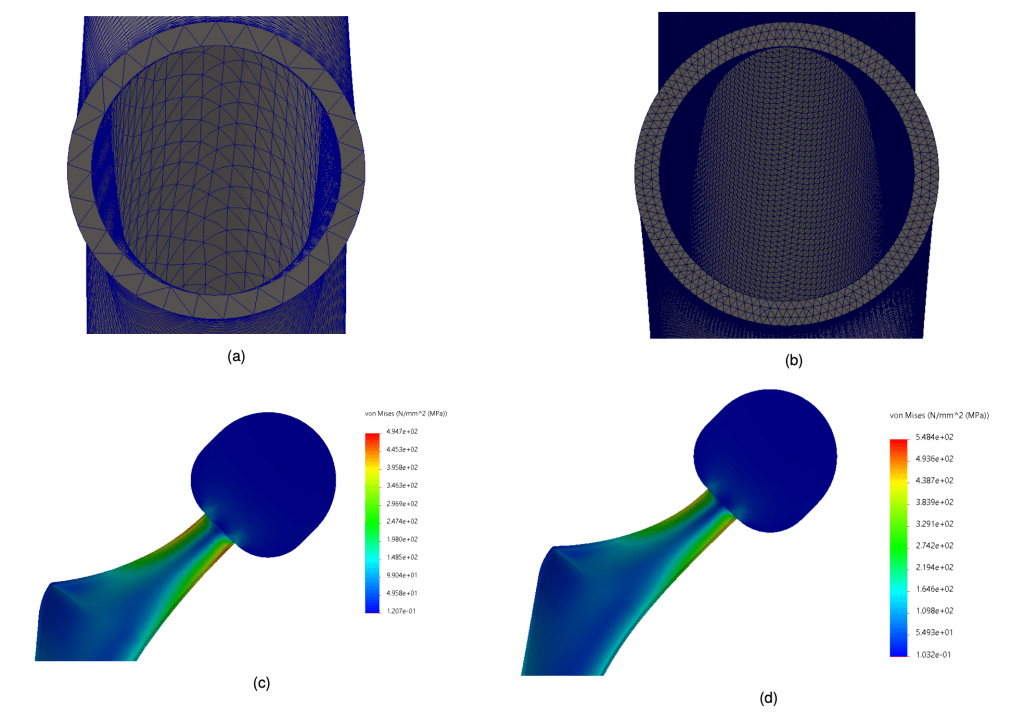Fig. 3: Confronto del carico orizzontale con mesh grezza e fine. Con la mesh grezza (sx) lo spessore di 0.9 mm rientrava nelle specifiche di progetto, tuttavia è evidente come raffinando la mesh (dx) i risultati più precisi mostrano un superamento del limite. Le analisi seguenti utilizzano tale mesh fine.