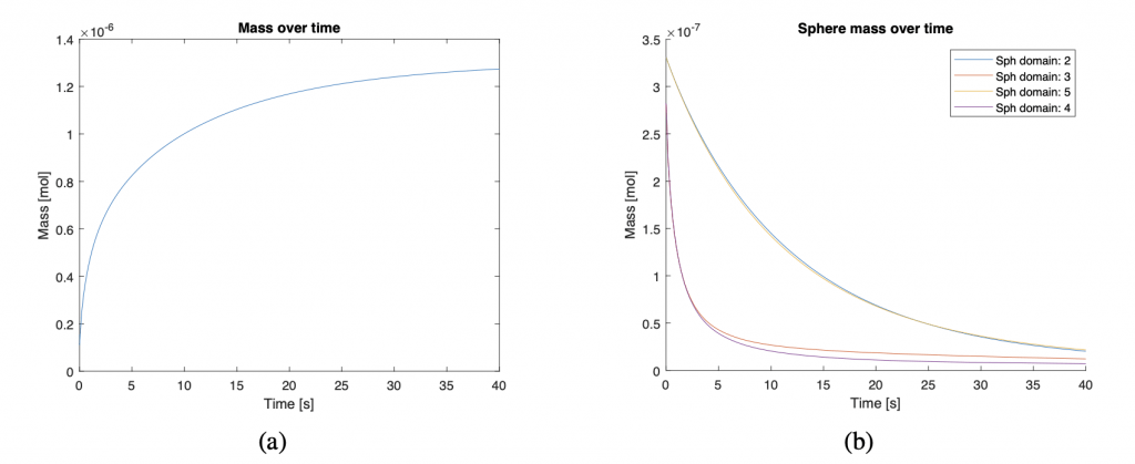 Variation of the mass over time (extension of the simulation time to 40s) in the cylinder (a) and in the spheres (b). The difference between spheres with coating (2,5 domains) and without (3,4 domains) is evident. The residual mass tends to become zero and diffuses in the cylinder but does so with different speeds between the two families of spheres.