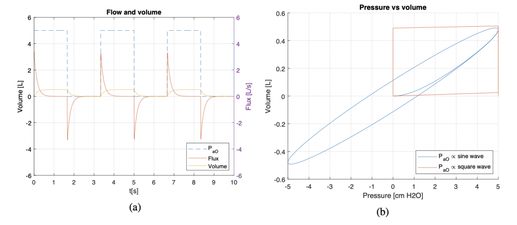 FIG. 6: Andamento di flusso e volume rispetto l’ingresso di 𝑃𝑎𝑂 come onda quadra con una frequenza di 18
respiri/min (a); grafico pressione-volume per ingresso sinusoidale e ad onda quadra)